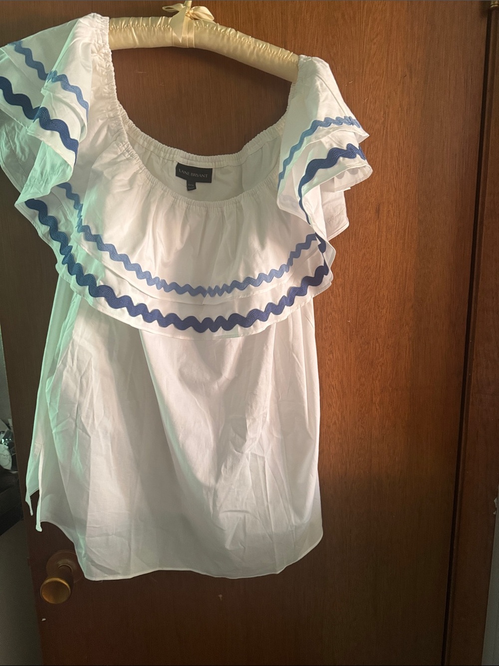 Lane Bryant White Off-Shoulder Top with Blue Trim Accents